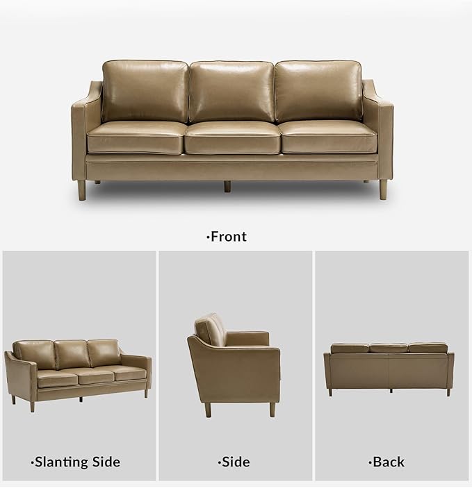 Kingfun 80" Faux Leather Sofa, 3 Seater Couch, Mid Century Modern Couch with Solid Wood Frame for Living Room & Bedroom, Olive Green