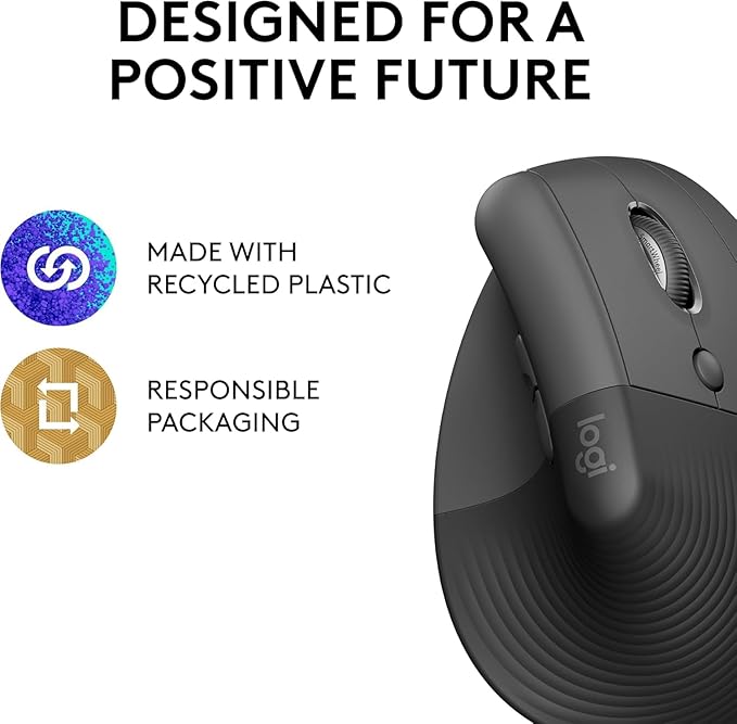 Logitech Lift Vertical Ergonomic Mouse, Wireless, Bluetooth or Logi Bolt USB Receiver, Quiet clicks, 4 Buttons, Compatible with Windows/macOS/iPadOS, Laptop, PC - Graphite
