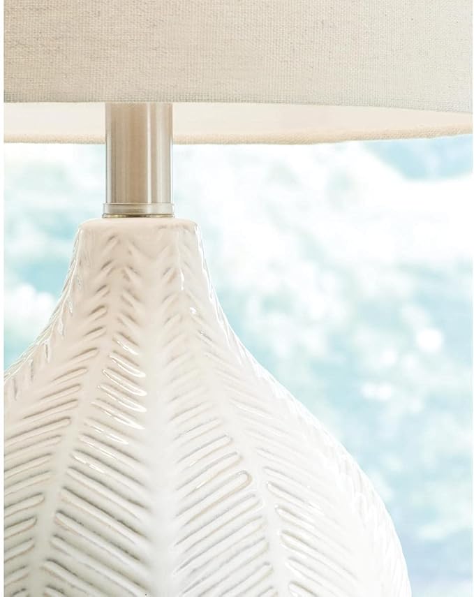 Signature Design by Ashley Rainermen Casual Ceramic Table Lamp, Transparent White Glaze Finish, Drum Hardback Fabric Shade, 11" W x 11" D x 21" H, Off White