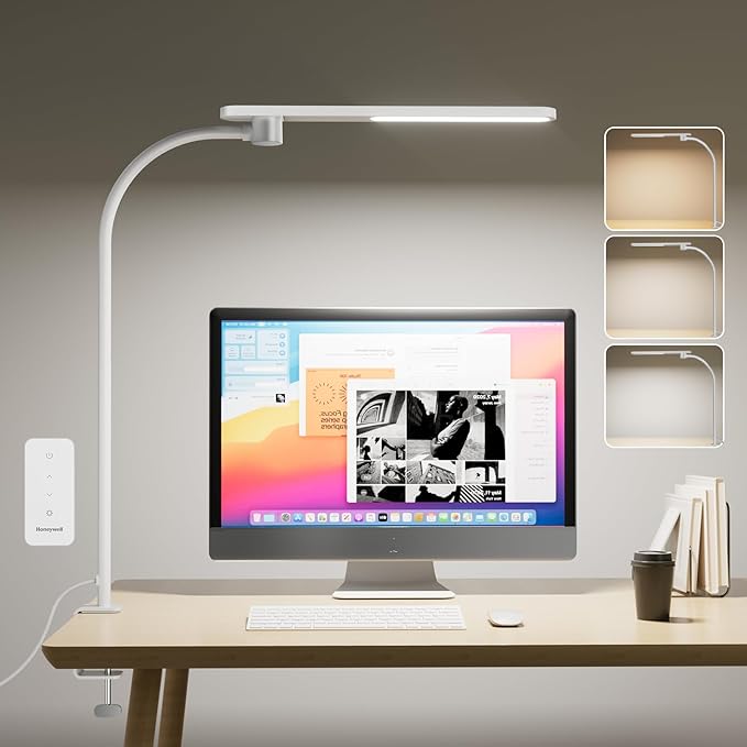 Honeywell HJ2 Gooseneck LED Desk Lamp with Clamp,3-Color Stepless Dimming.Flexible Metal Lamp Arm,CRI ≥ 97.Adjustable Small Desk Lamp for Home Office,Studying, Reading, Artists & Crafters（White）