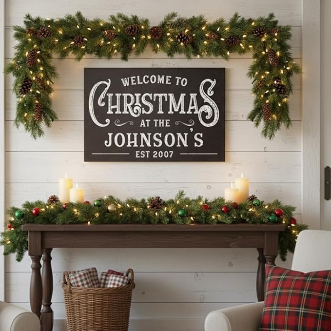 Milweb1 Personalized Family Name Welcome To Christmas/Rustic Vintage Farmhouse Holiday Decor Canvas Sign Holiday Decorations Wall Decor Print (18"x24")