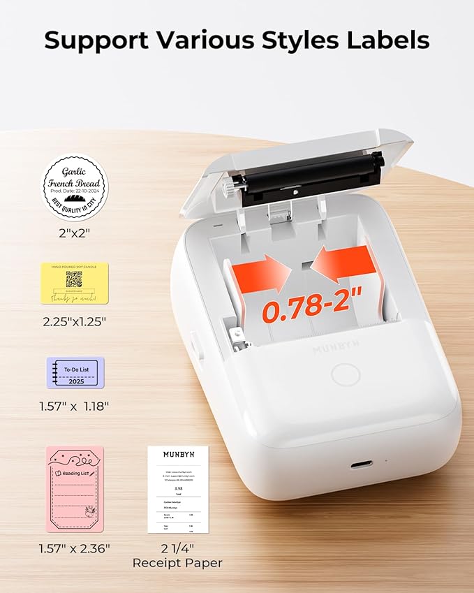 MUNBYN Portable Label Maker Machine with Tape，Bluetooth Thermal Printer with 1-Second Connect,Compatible with 0.78-2 Inch Labels, 11H Battery for Small Business, Home, Office Organization (White)