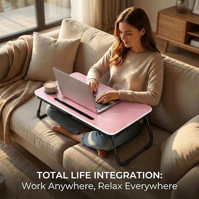 BUYIFY Foldable Laptop Bed Desk for Couch, Sofa - Large Lap Desk Tray Table with Cup Holder and Tablet Slot - Portable Notebook Stand for Eating, Writing, Studying and WFH (Pink)