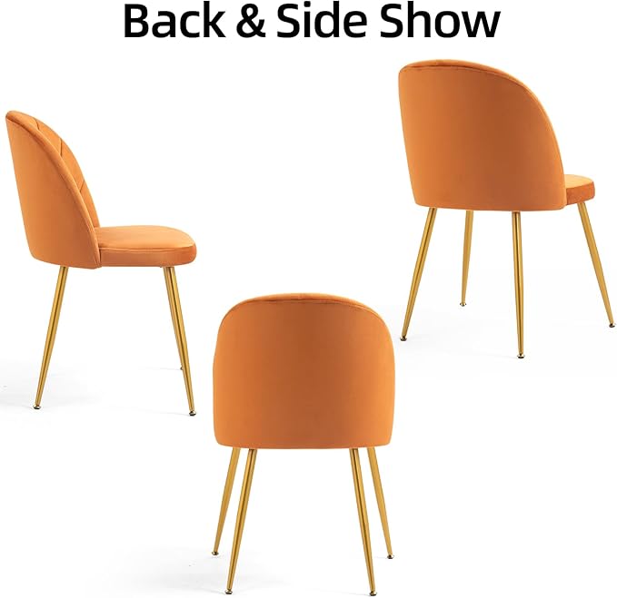 Velvet Dining Chairs Set of 2, Upholstered Mid Century Modern Dining Chairs, Armless Accent Chair with Metal Gold Legs for Living Room, Kitchen, Dining Room, Orange