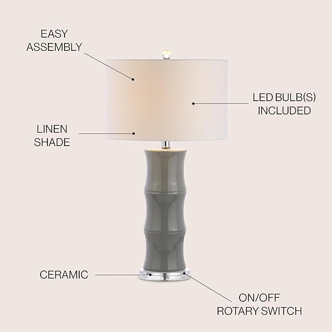 JONATHAN Y 26.5" Gray Ceramic Table Lamp for Living Room, Bedroom Nightstand, White Linen Drum Shade, Bamboo Design Modern Bedside Desk Lamp with LED Bulb Included (JYL3015B)