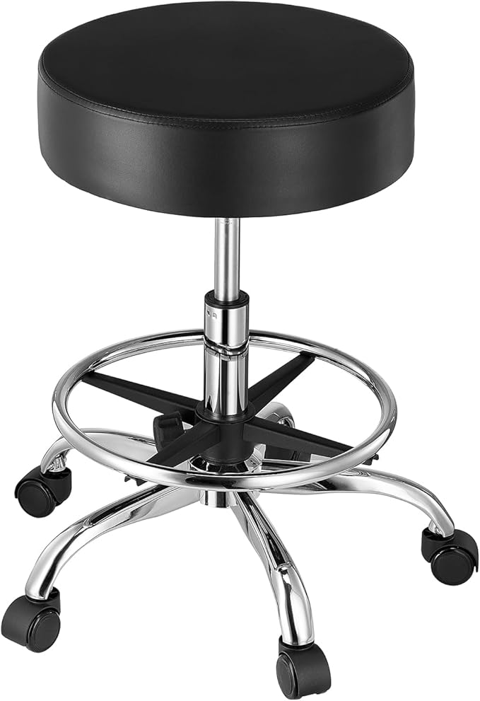 VEVOR Rolling Stool with Foot Rest and Wheels, 450 LBS Weight Capacity Round Rolling Stool Chair, Height Adjustable Thickened PU Leather Swivel Stool for Salon, Spa, Massage, Tattoo, Clinic, Black
