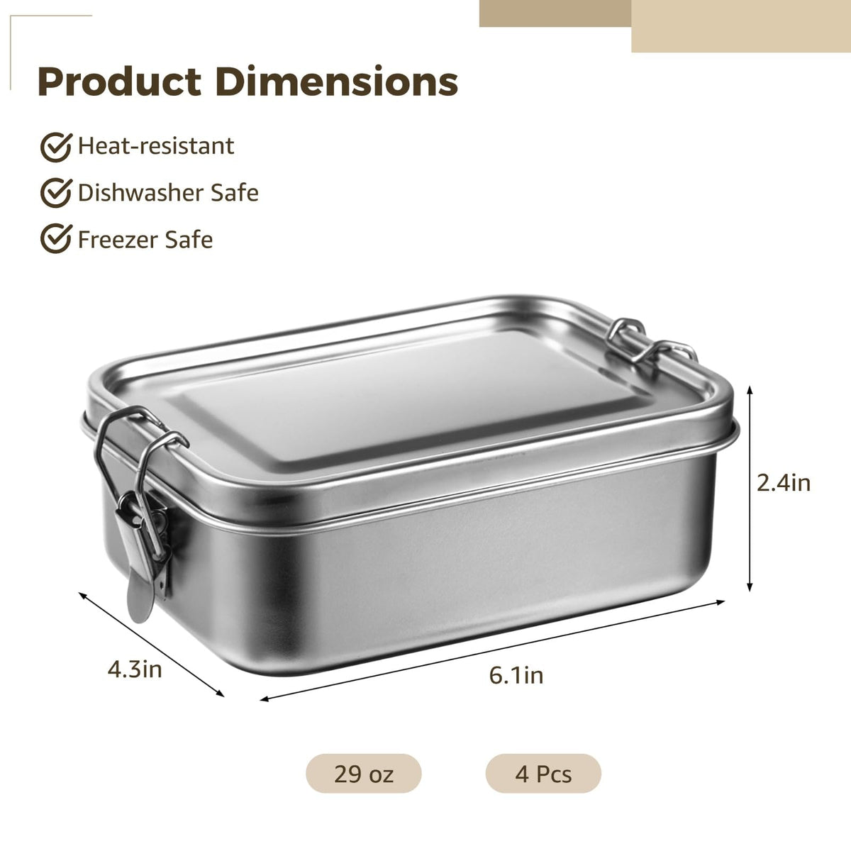 Tideme 4 PCS Bento Boxes, 850 ML Stainless Steel Lunch Boxes, Food Storage Containers, Portable Metal Lunch Containers, Lockable Clips to Leak Proof, Reusable Dishwasher Safe Lunch Snack Boxes