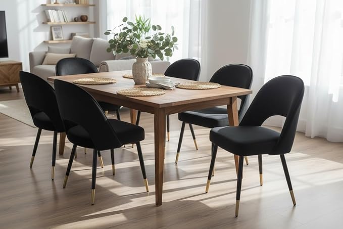 DUOMAY Modern Dining Chair Set of 6 with Open Back, Velvet Upholstered Armless Chair with Metal Frame Side Chair for Kitchen Dining Room Living Room, Black