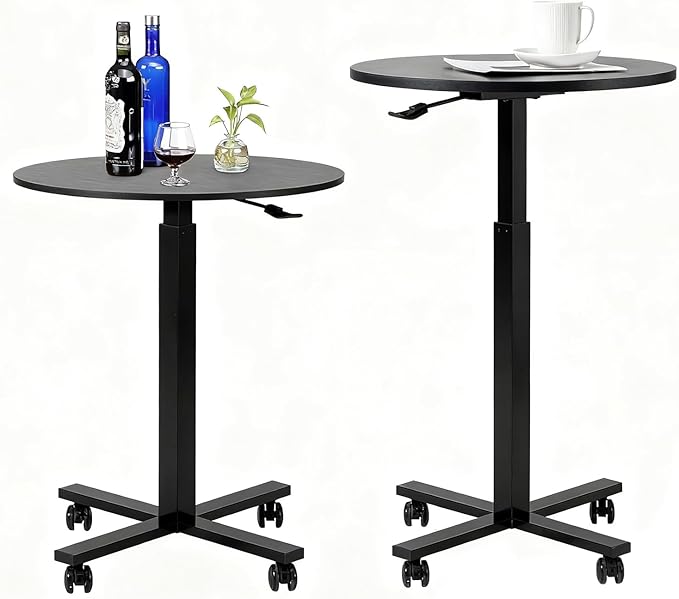 Round Cocktail Bar Table,Height-Adjustable Round Pub Table 23.8 Inches with Removable Wheel,Dual-Use for Kitchen, Coffee Bar, Pub, Office or Dining (Black), Set of 1