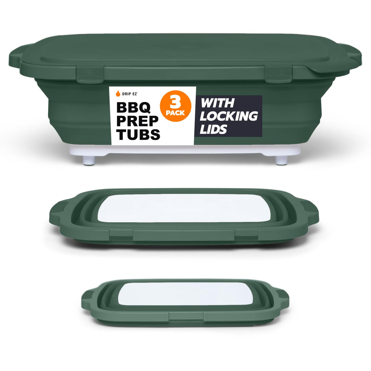 Drip EZ Collapsible BBQ Prep Tubs 3-Piece Set- For Meal Prep Marinating Food Storage - Includes Cutting Board & Lid - (1) JR + (1) OG + (1) XL - Black