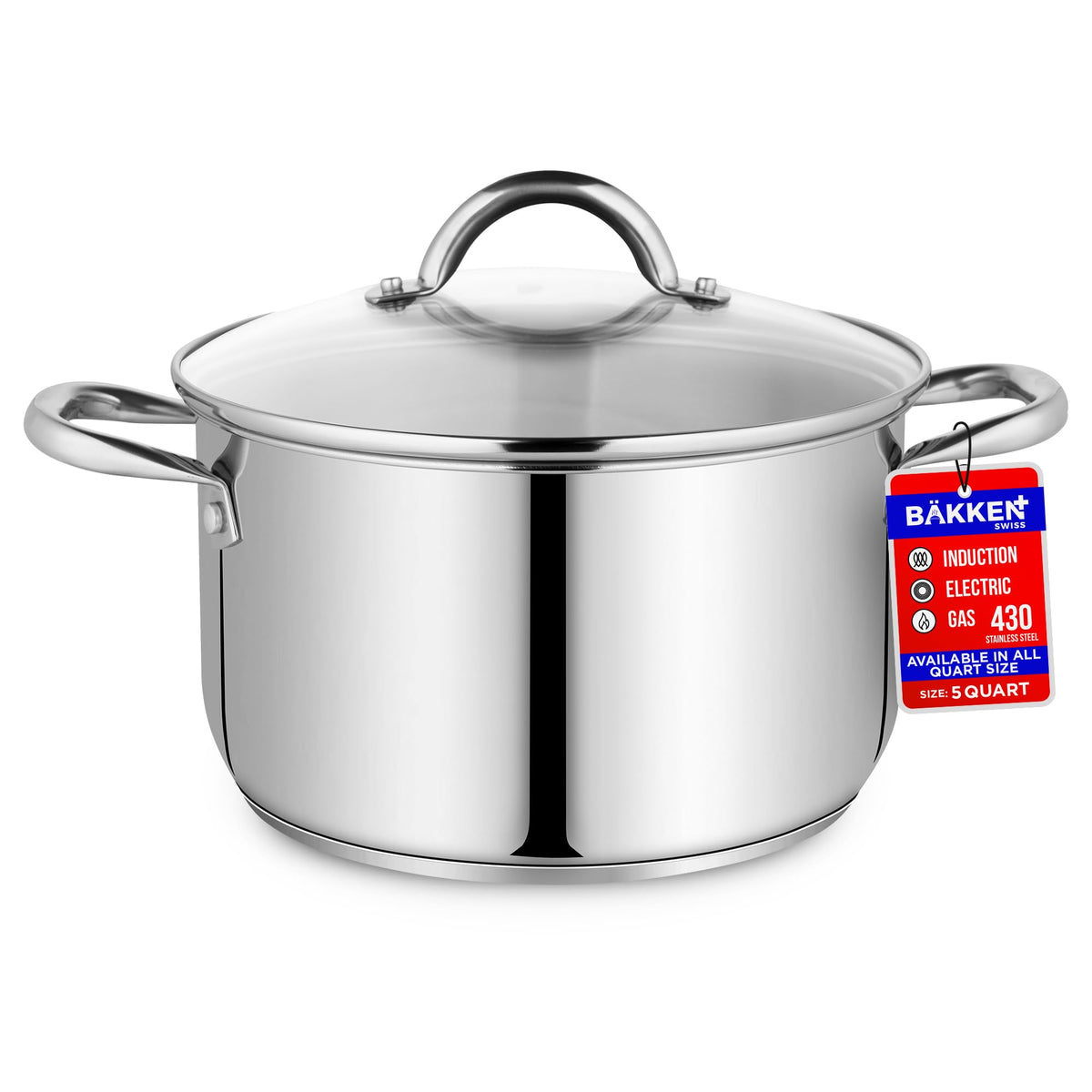 Stainless Steel Stockpot with Tempered Glass Lid 3 Quart, Durable 18/0 Stainless Steel, Impact-Bonded Base for Even Heating, Riveted Handles, Oven & All Stove Compatible, Safe Up To 500°F (260°C)