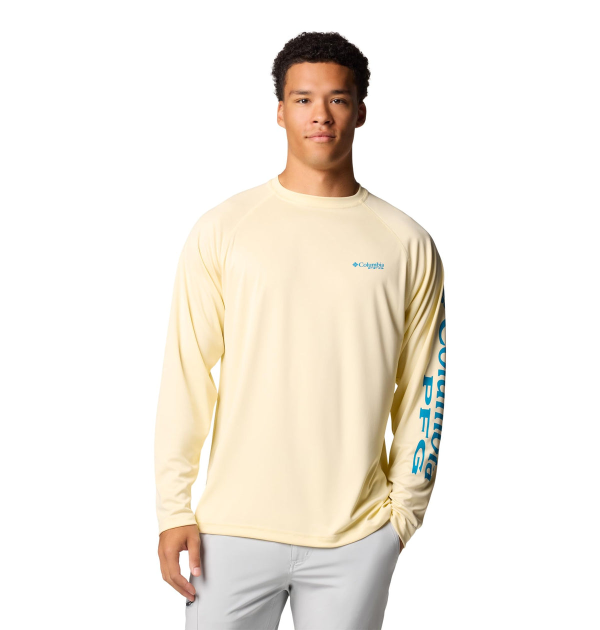 Columbia Men's PFG Terminal Tackle Long Sleeve Fishing Shirt, Lemon Wash/Blue Echo Logo, 2X