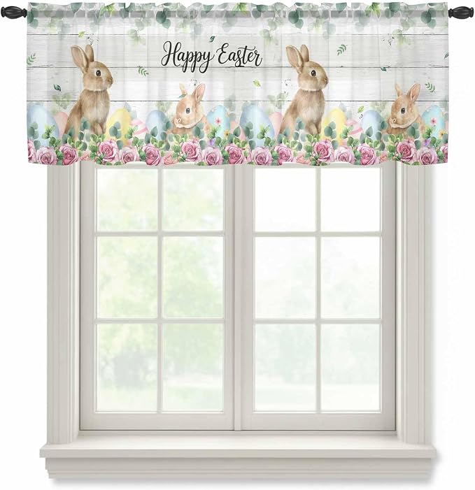 Easter Sheer Valances for Windows 42"x12", Light Filtering Kitchen Curtains