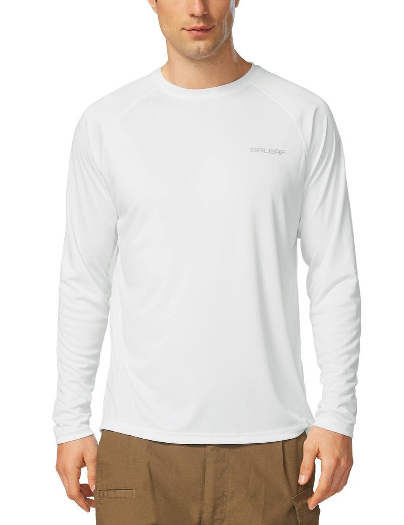 baleaf Mens UPF 50+ Sun Protection Shirts Long Sleeve Rash Guard, Quick Dry 4-Way Stretch for Fishing Swimming Surfing 2 Pack-White L