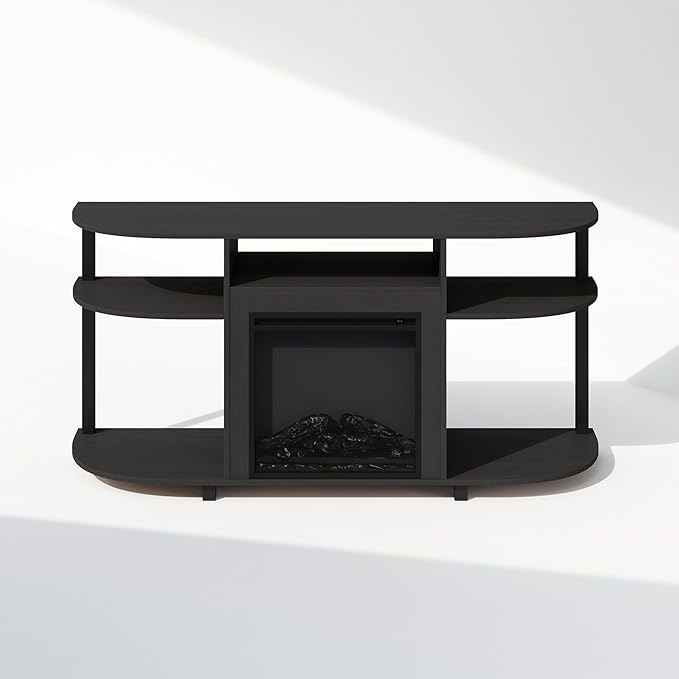Furinno Jensen Fireplace TV Stand, NO Heat Decorative Electric Fireplace TV Stand for TV up to 55 Inch, with Curved Open Storage, for Living Room, Americano