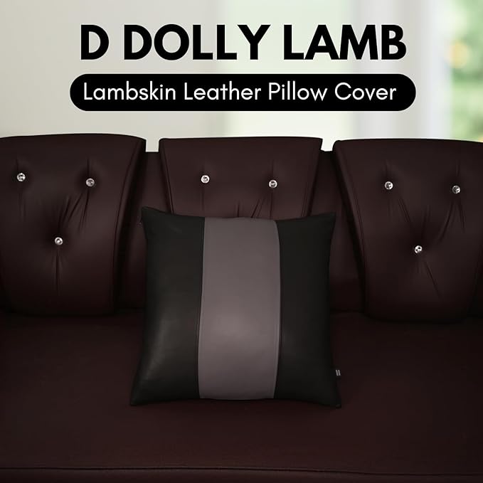 D DOLLY LAMB Lambskin Leather Pillow Cover - Sofa Cushion Case - Decorative Throw Covers for Living Room & Bedroom, 22x22 Inches - Black & Grey Plain