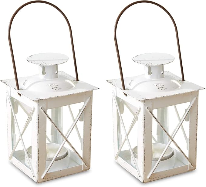 Kate Aspen Decorative Lanterns - Set of 2 - Luminous Distressed Metal Lantern Candle Holders for Wedding, Home Decor and Party - 4.5" H (6.5" H with Handle) – White