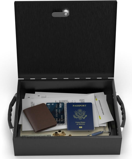 Fire Retardant Strong Box Security Chest, Fire Resistant Steel Lock Box to Safeguard Vital Documents, Medicine, Money, 0.25 Cubic Feet, 12.2" x 10.2" x 3.5" Interior, Black