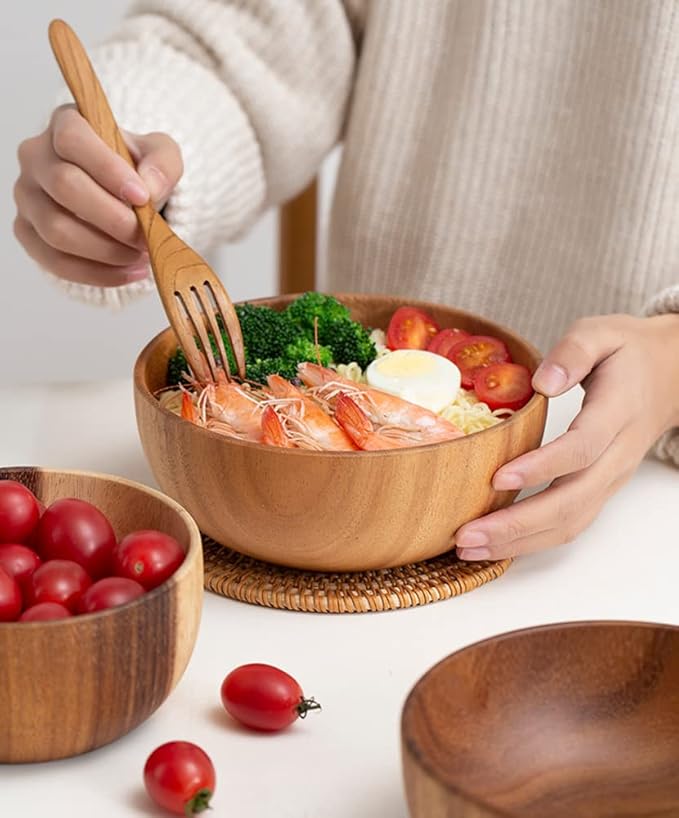 Hand-Crafted From Solid Acacia Wood Salad Bowls 7.1 or 7.9 Inches Set of 2 Individual Large Wood Bowl for Fruits Salads and Decoration Fruit Bowl for Snacks