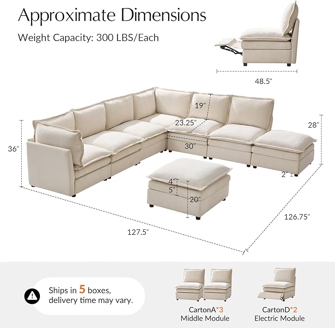 HULALA HOME 128'' Power Recliner Sofa with Dual-Layered Cushions, Oversized Modular Sectional Sofa L Shaped Couch with Storage Ottoman, 8 Seater Cloud Couch for Living Room, Beige