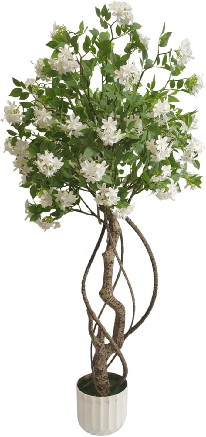 Artificial White Flower Tree 5FT Tall Faux Floral Plant with Green Leaves - No Maintenance Indoor Outdoor Home Office Porch Decor Housewarming Gift (1 Pack)