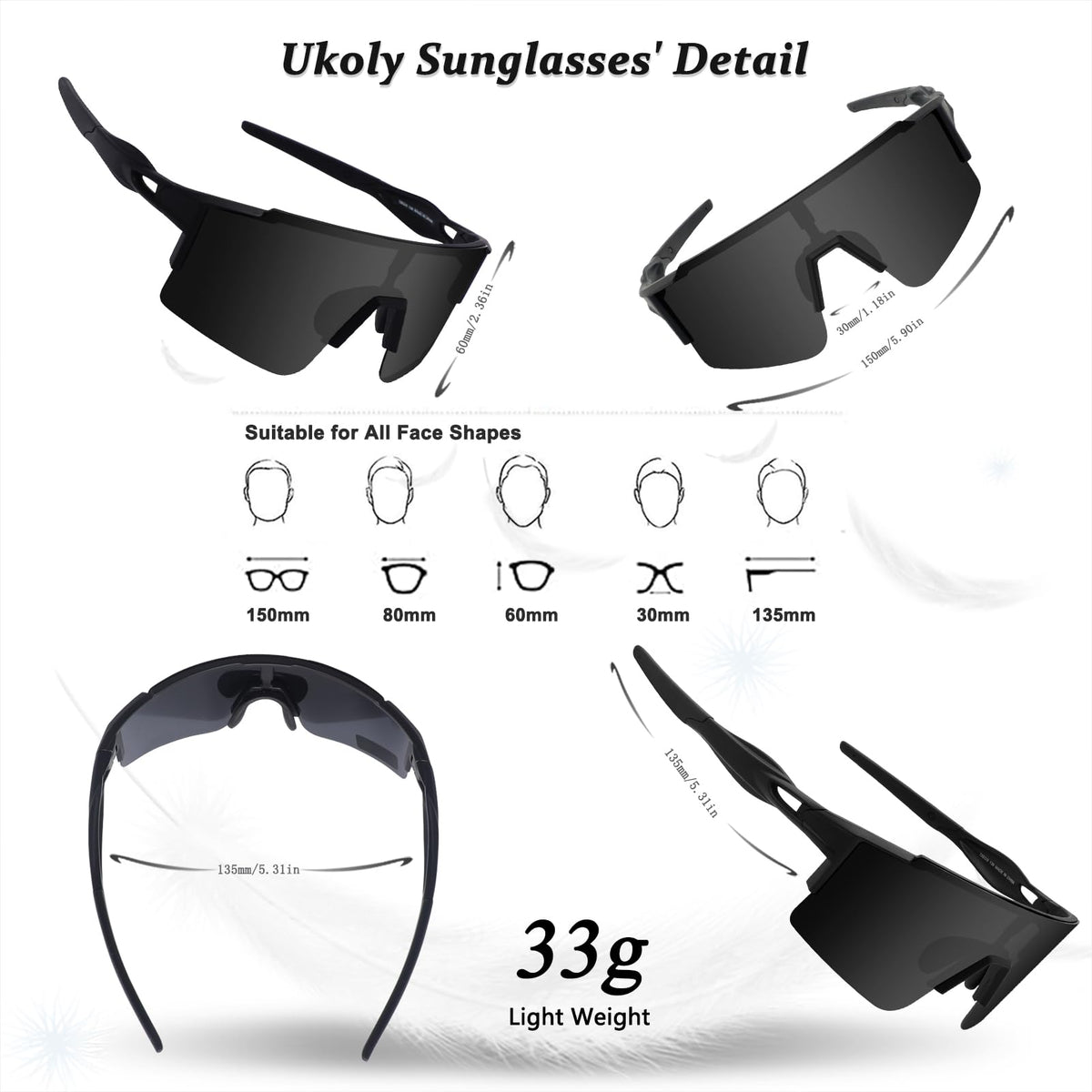 Ukoly Cycling Sunglasses for Men Women with 3 Interchangeable Lenses, Polarized Sports Sunglasses, Baseball glasses (GREY-1 Lens)