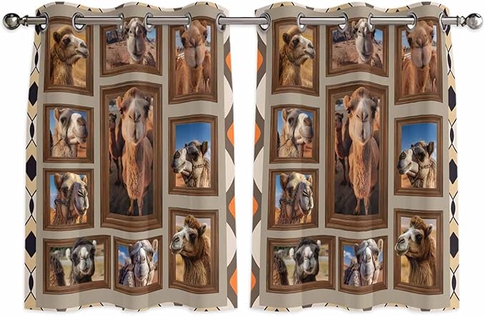 2 Panel Kitchen Cafe Curtains, Desert Camels Sunlight Filtering Nature Air