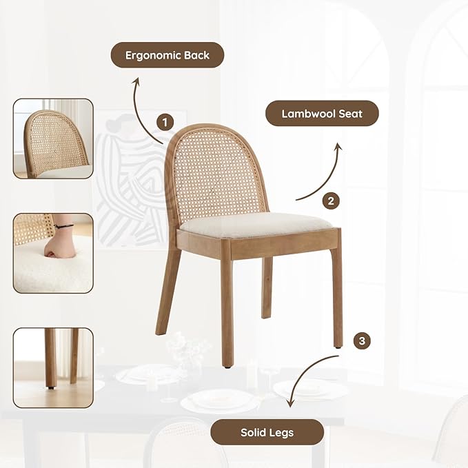HEAH-YO Rattan Dining Chairs Set of 2, Upholstered Sherpa Dining Room Chairs with Backrests, Modern Kitchen Chairs with Wood Legs for Dining Room, White