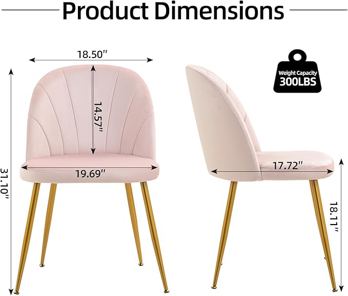 Velvet Dining Chairs Set of 6, Upholstered Mid Century Modern Dining Chairs, Armless Accent Chair with Metal Gold Legs for Living Room, Kitchen, Dining Room, Pink