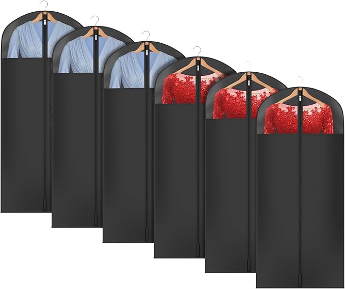 Univivi Long Garment Bags for Hanging Clothes, 54" Dress Bags for Gowns Long for Closet Storage with Large Visible Window for Long Suits, Coats, Dresses, 6 Pack, Black