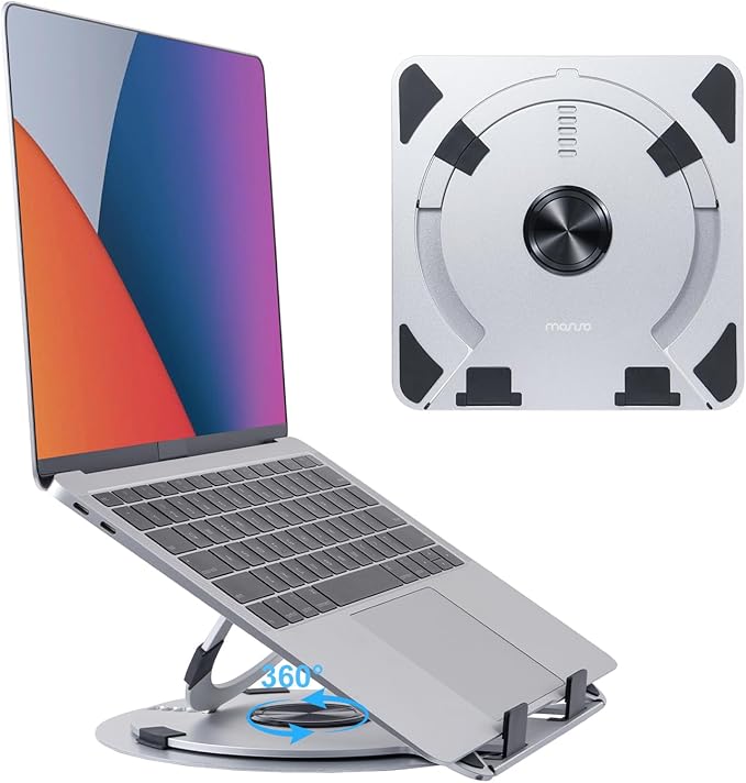 MOSISO Laptop Stand for Desk, Adjustable Aluminum Alloy Computer Stand with 360 Degree Rotating Base, Ergonomic Keyboard Riser Kickstand for Collaborative Work, Compatible with All Laptops, Silver
