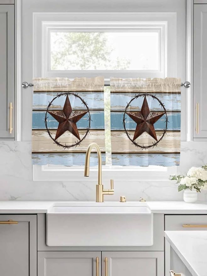 Vintage Western Star on Wood Grain Window Valance Curtains, Retro Wooden