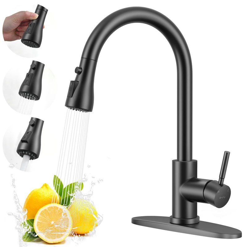 Arofa Matte Black Kitchen Faucet, Kitchen Sink Faucet with Pull Down Sprayer Single Handle Stainless Steel Commercial Modern for 1 or 3 Hole Farmhouse Camper Laundry Utility Rv Bar Sinks