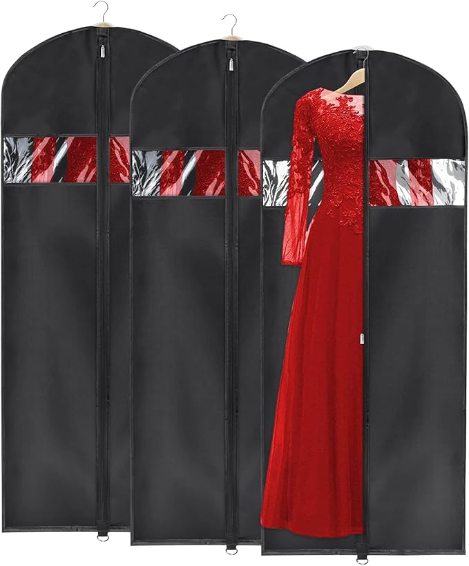 Univivi Garment Bag 60inch Lightweight Suit Bags for Closet Storage, Hanging Clothes Cover 3 Pack with Zipper and Eye-Hole Carry Handles for Folding for Tuxedos Coats Dresses, Black