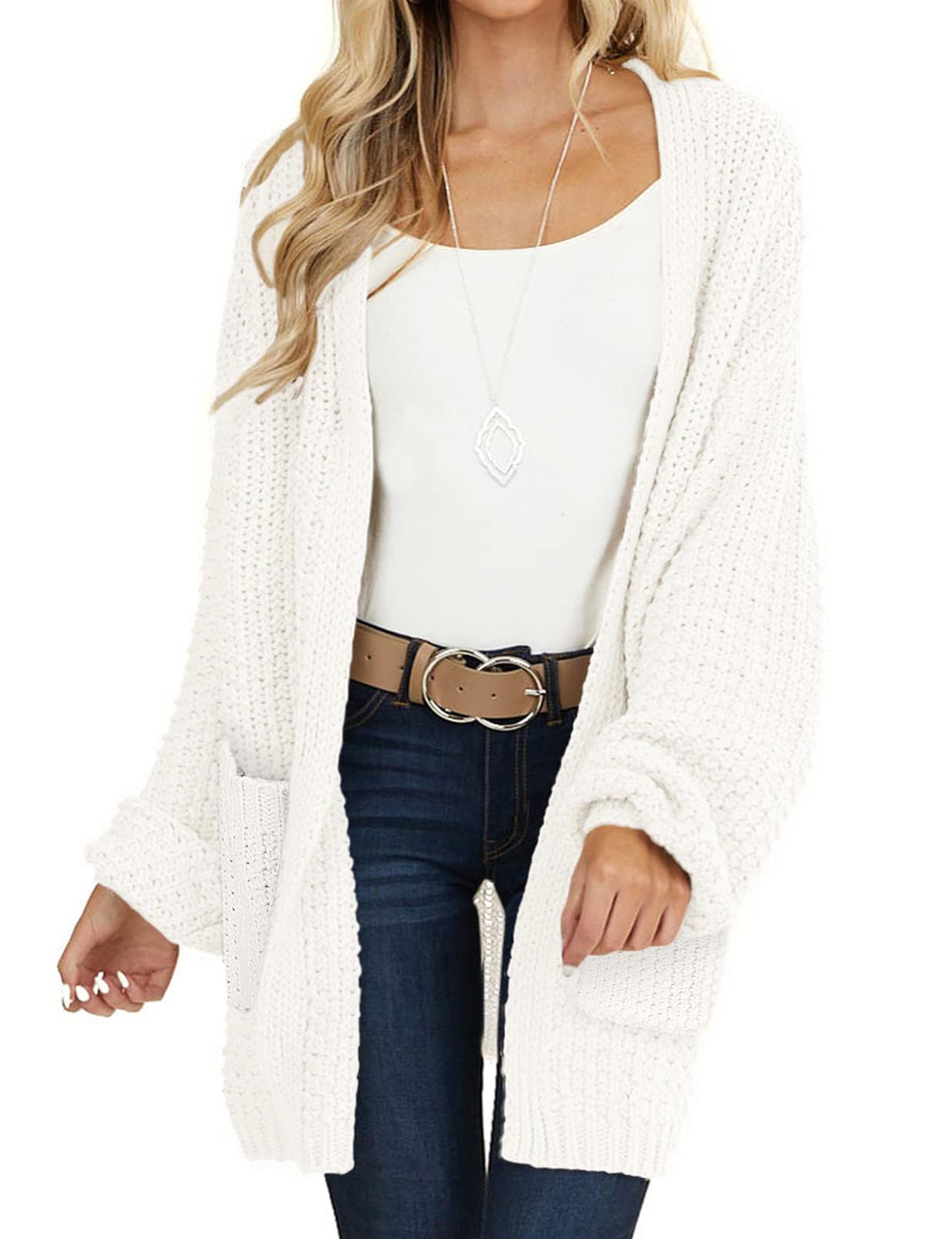 MEROKEETY Women's 2025 Fall Open Front Chunky Knit Sweater Oversized Lantern Sleeve Cardigan Outwear, Beige, Medium