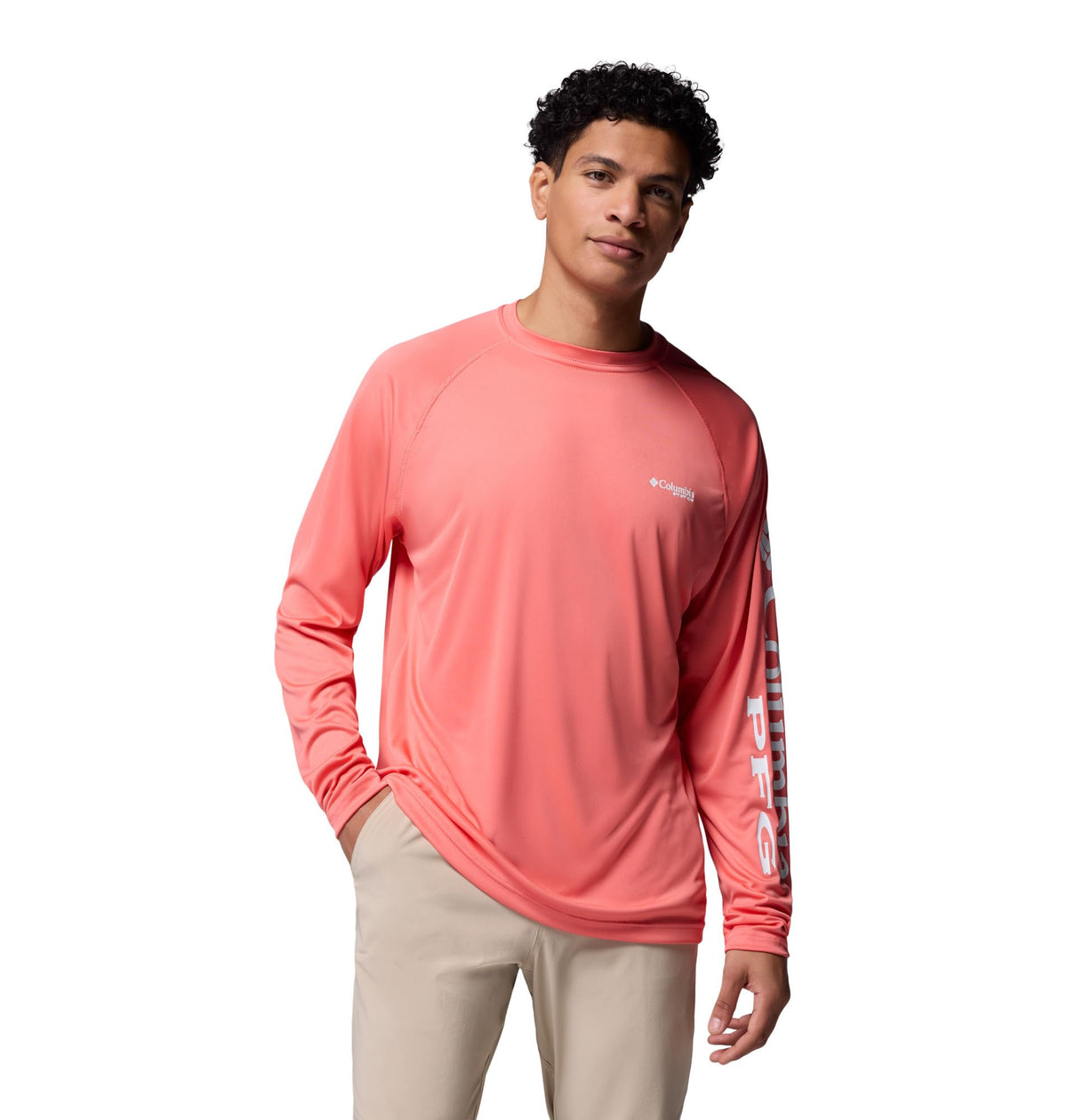 Columbia Men's PFG Terminal Tackle Long Sleeve Fishing Shirt, Melonade/White Logo, Large