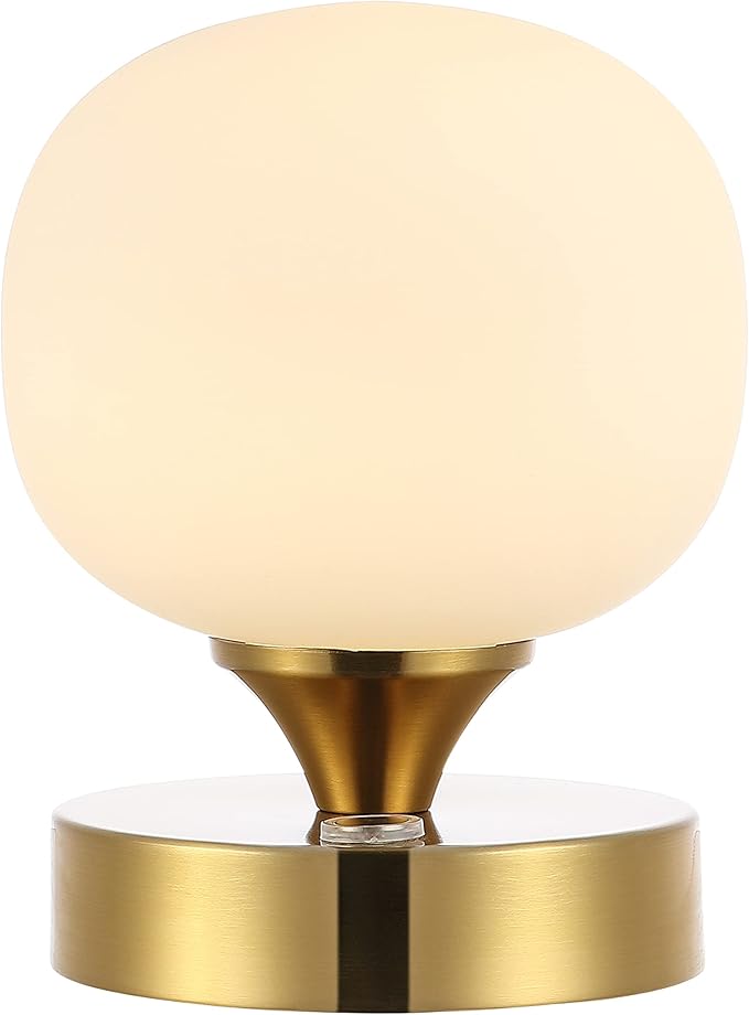 JONATHAN Y 6.13" Brass Gold/White Modern Cordless Rechargeable LED Table Lamp, Frosted White Glass Shade, Touch Dimmable Mini Accent Light for Bar, Bedroom, Nightstand (JYL7112C)