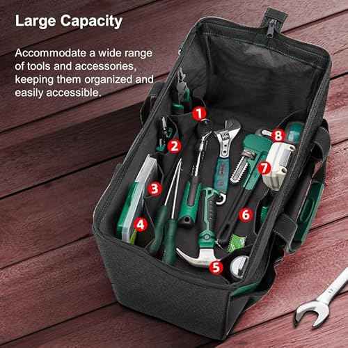 Tool Bag Heavy Duty 16.5-Inch with 16 Pockets Portable Handle Adjustable Shoulder Strap Waterproof Wide Mouth Tools Storage Organizer Carry Tote Box for Craftsman Electrician Mechanic (16.5-Inch)