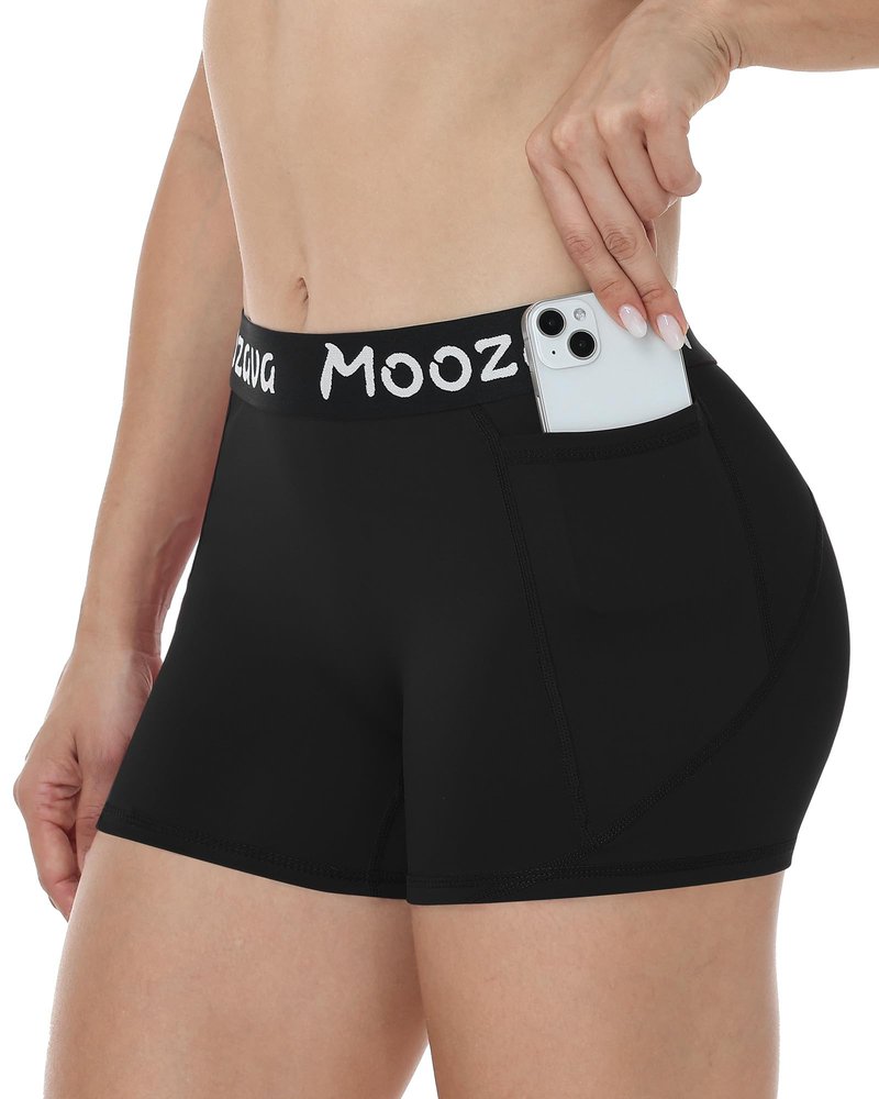 Moozava Womens Spandex Shorts Volleyball Biker Yoga Workout Gym Running Athletic Cheer Booty No Front Seam Compression with Pockets 3" Black S
