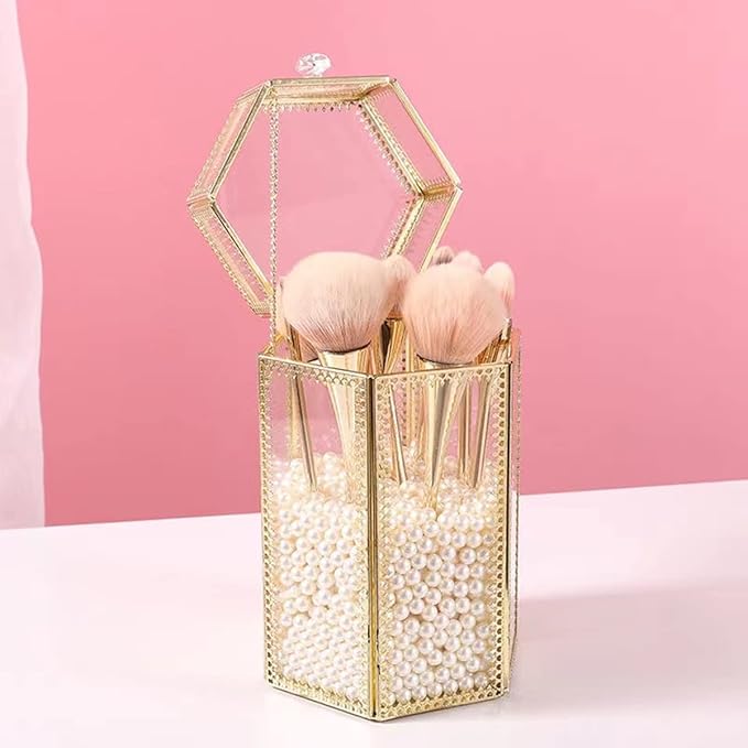 Glass Makeup Brush Holder with Lid Organizer Vintage Cosmetic Hexagonal Display Cases Brush Storage with Free White Pearls - Gold