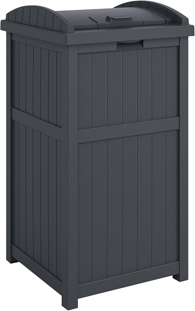 Suncast 22-Gallon Outdoor Patio Backyard Deck Box Storage Bench and 30-Gallon Hideaway Trash Waste Bin with Latching Lid, Cyberspace