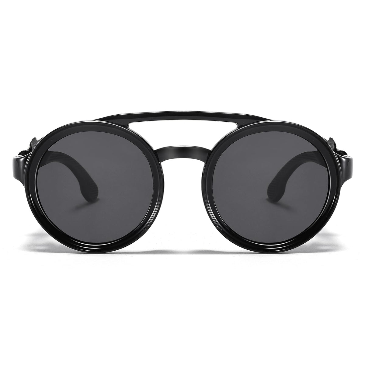 MUDIWRLO Polarized Round Steampunk Sunglasses with Leather Side Double Bridge Shield Retro Eyewear for Men Women(Black)