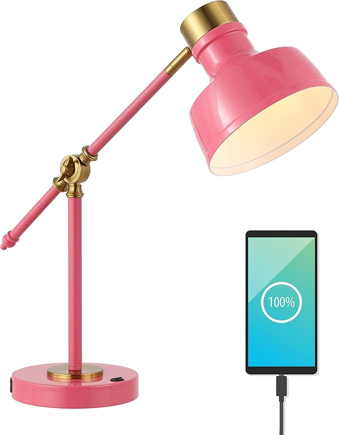 JONATHAN Y 18.5" Pink/Brass Gold Adjustable Cantilever LED Task Lamp with USB Charging Port, Vintage Farmhouse Desk Lamp for Home Office Reading, Metal Shade (JYL7124D)