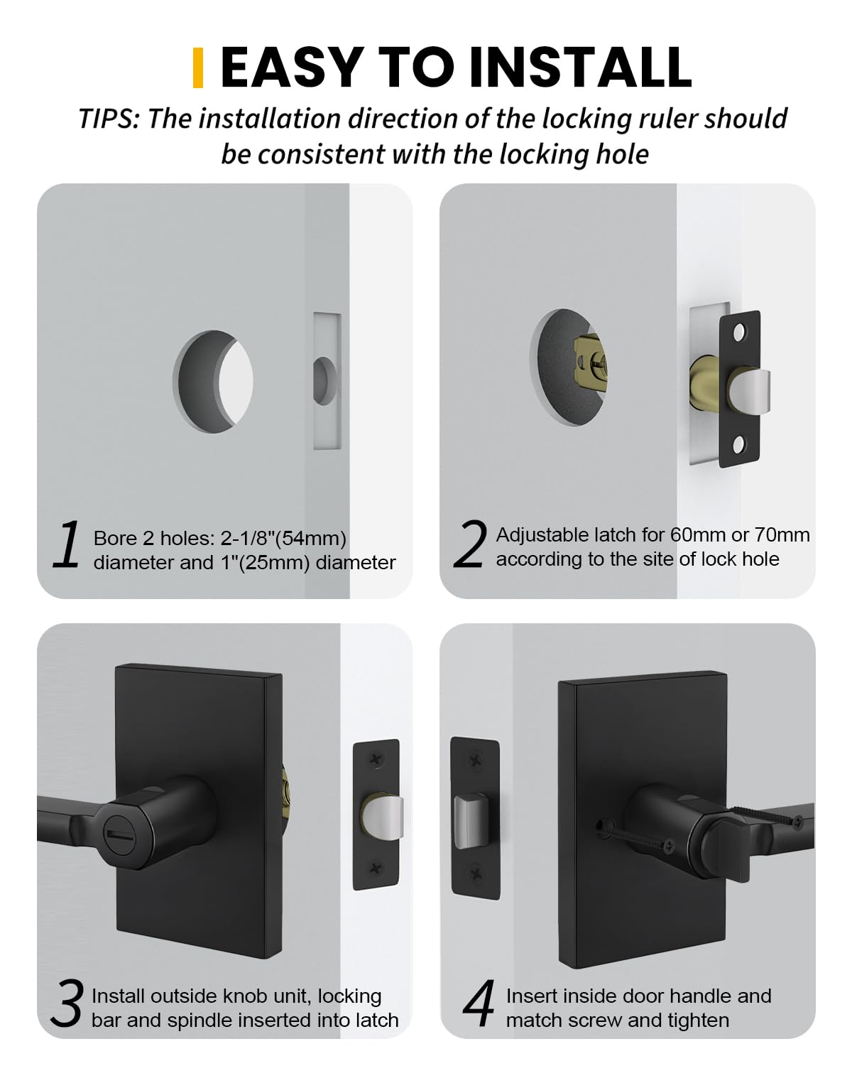 Goldenwarm Black Door Handles Interior,Matte Black Privacy Door Handle for Bedroom Bathroom, Keyless Door Lever Adjustable & Reversible,4 Pack