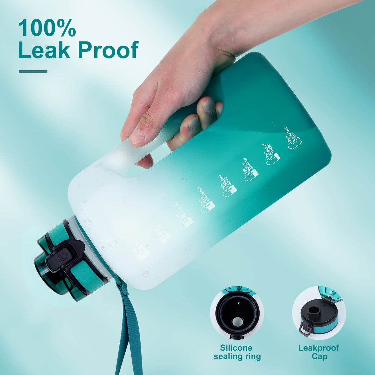GEMFUL Motivational Water Bottle 74oz Time Marker for Gym (Cyan no Straw)