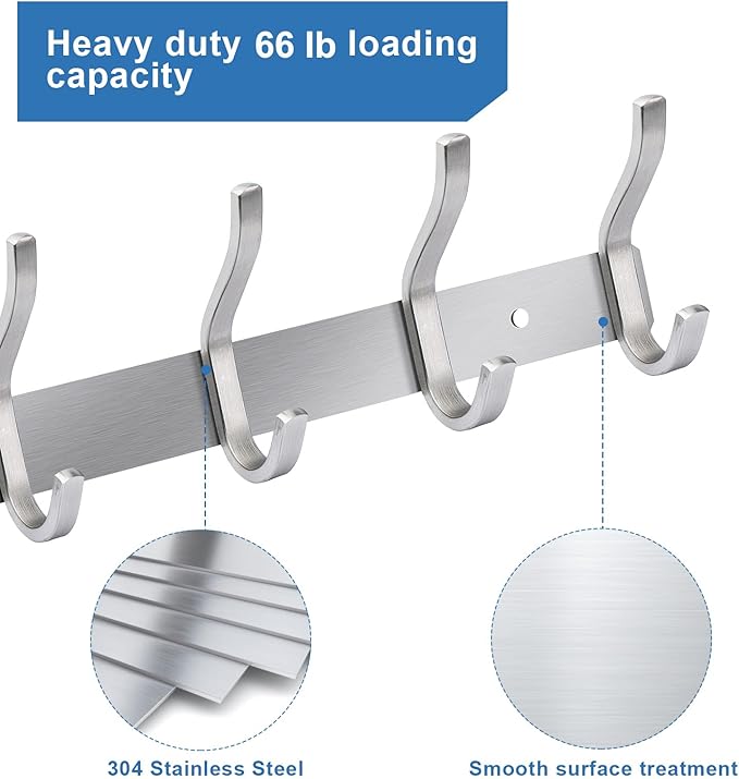 HAMUTH Wall Hooks Heavy Duty, 17 Inch Coat Rack Wall Mount with 6 Hooks,Silver Wall Hooks Hangers for Entryway, Bathroom - for Hanging Backpack, Bag, Coat, Purse, Hat, Towel, Clothes,2 Packs