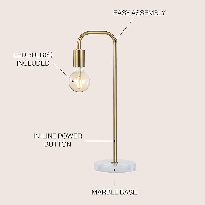 JONATHAN Y 20.5" Brass Gold Minimalist Glam Metal and Marble LED Table Lamp, Modern Industrial Pipe Desk Lamp for Bedroom Office Nightstand, White Marble Base, LED Bulb Included JYL1094A