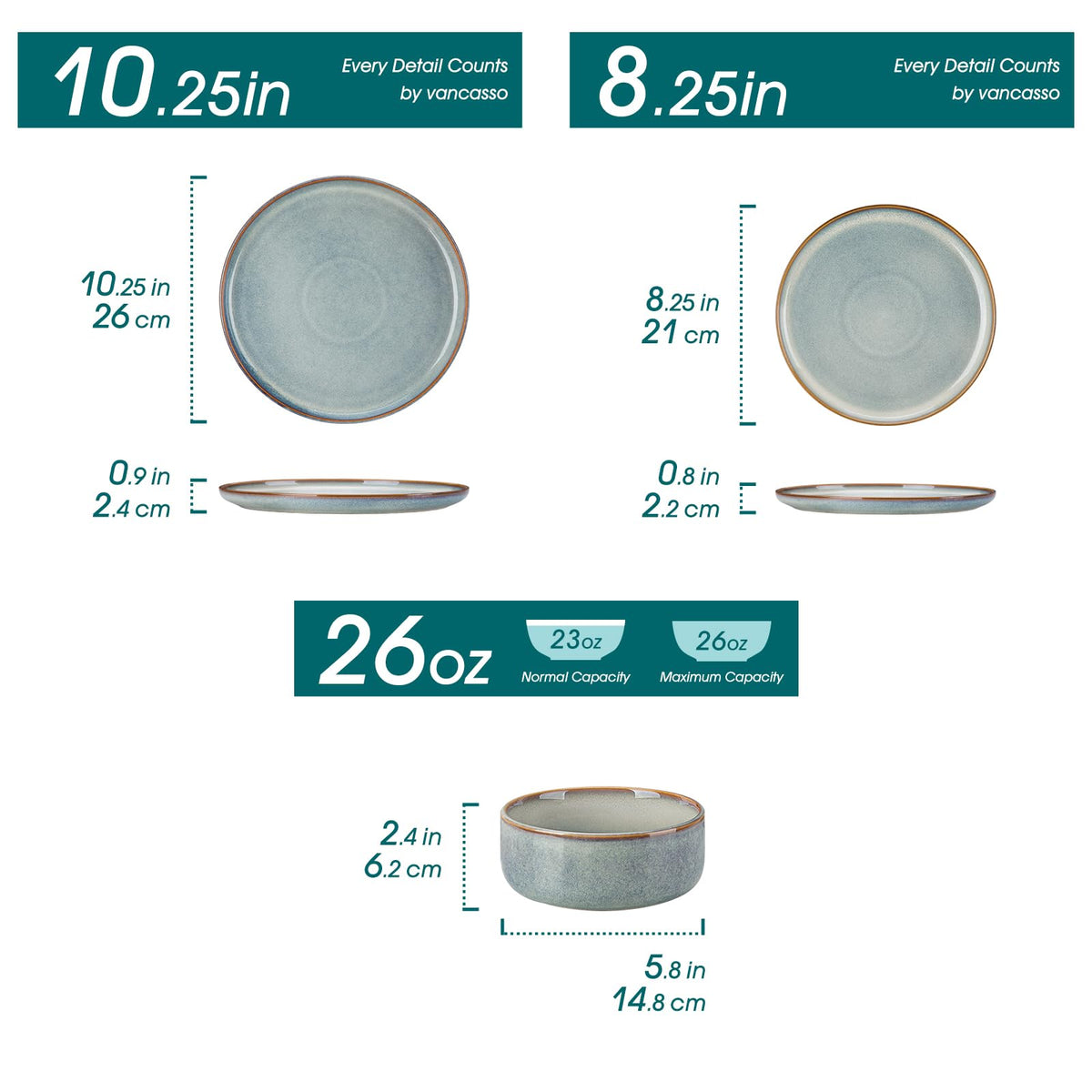 vancasso PLAYA Plates and Bowls Sets,12 Pieces Grey Dinnerware Sets for Kitchen,Reactive Glaze Dishes Set for 4,Dishwasher and Microwave Safe