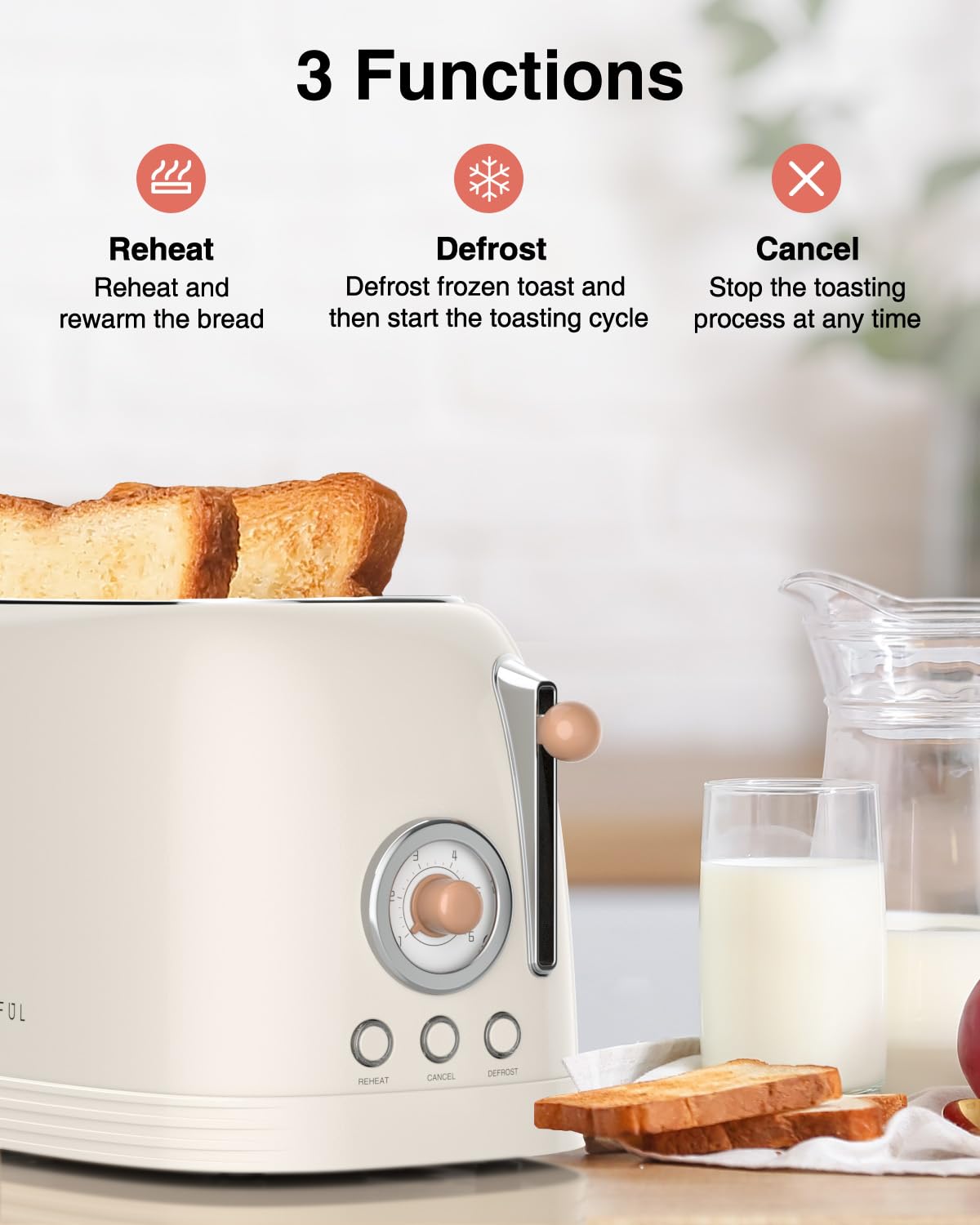 CROWNFUL 2-Slice Toaster, Extra Wide Slots Toaster, Retro Stainless Steel with Bagel, Cancel, Defrost, Reheat Function and 6-Shade Settings, Removal Crumb Tray, Cream