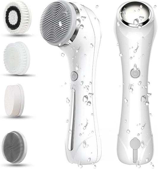 Facial Cleansing Brush, 2 in 1 Ｗaterproof IPx7 Facial Spin Scrubber Set with 4 Brush Heads, Rechargeable Exfoliating Face Brush Deep Cleansing, Gently Exfoliate and Remove Blackhead